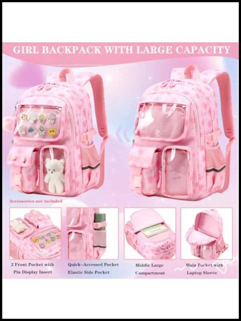 Cute Aesthetic Kawaii Backpack with Pin Display Window Kids School Bookbag